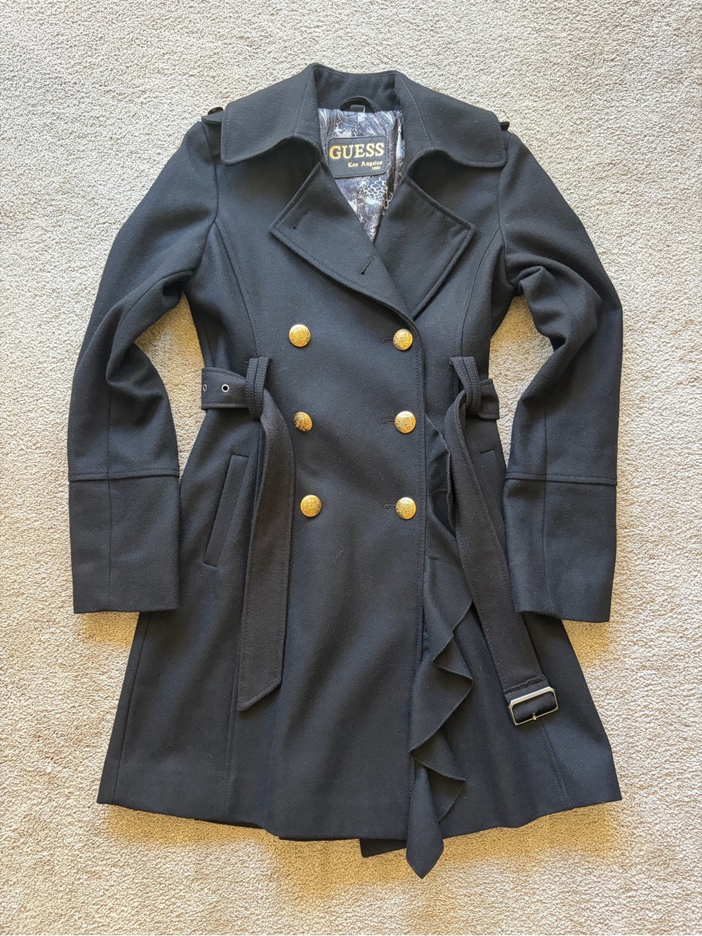 Guess Black Double-Breasted Belted Wool Blend Coat with Gold Buttons